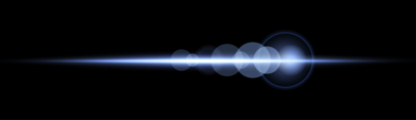 Blue horizontal lens flare.  Sun flash with rays or spotlight and bokeh. Glow flare light effect. Isolated on black background. Vector illustration.