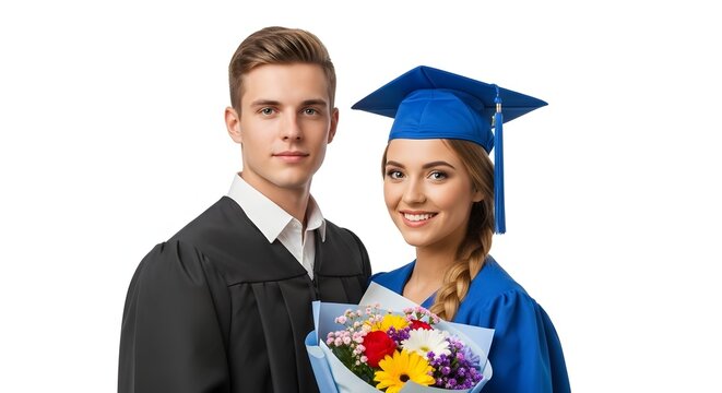 Two graduates in gowns and caps posing with flowers on a white background - Powered by Adobe