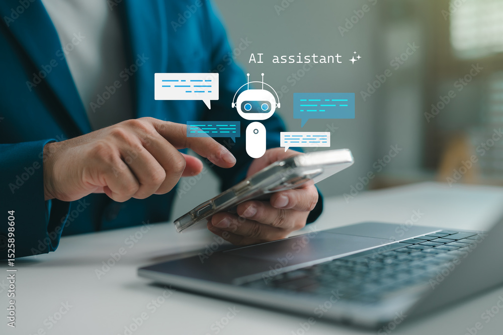 Poster AI assistant interaction, Person using smartphone chatbot powered by artificial intelligence. Virtual assistant apps, smart support systems, machine learning, digital communication concepts.