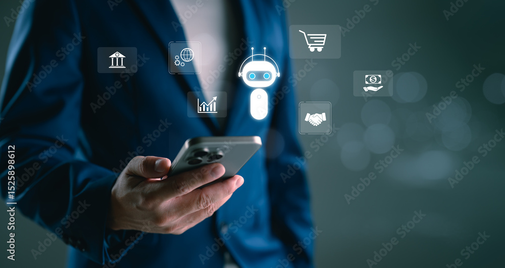 Poster ai digital marketing solution, businessman using smartphone with virtual ai assistant and marketing 