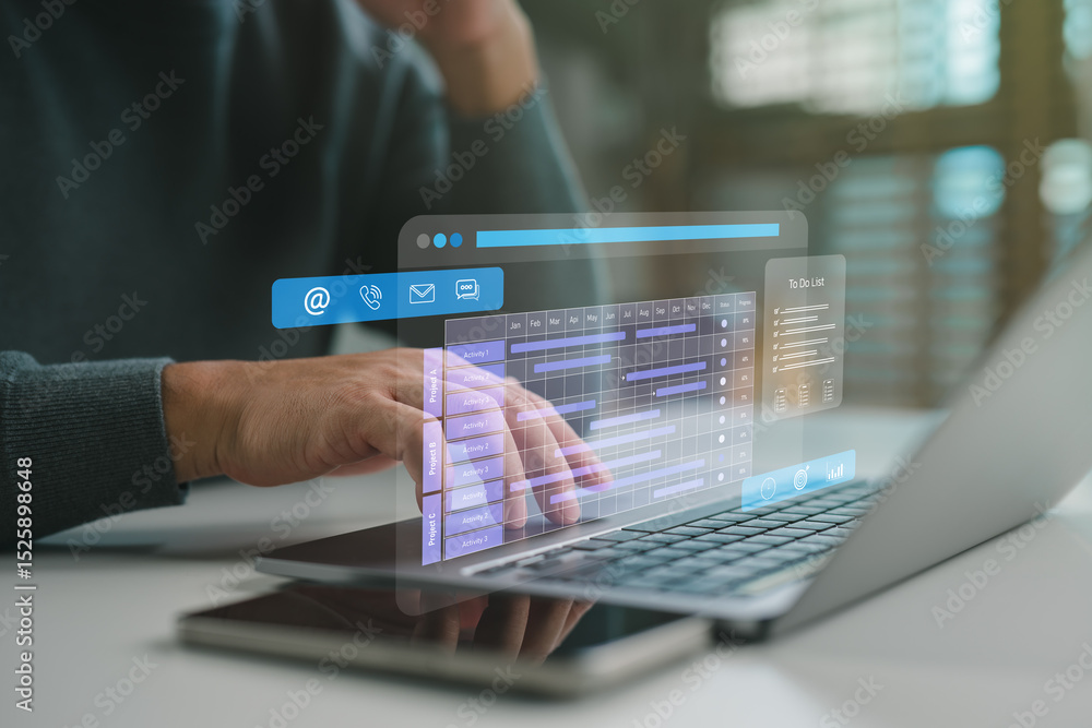 Poster Project management technology, A person working with a digital Gantt chart and to-do list interface on a laptop. Business productivity, workflow planning, digital task management content.
