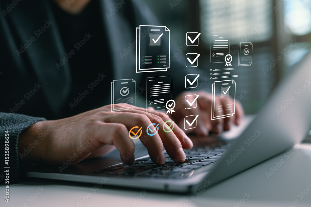 Aufkleber digital checklist and task management, person working on laptop with virtual to-do list and complete