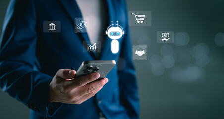 AI digital marketing solution, Businessman using smartphone with virtual AI assistant and marketing icons. Automation, online commerce, fintech, artificial intelligence in business strategy.