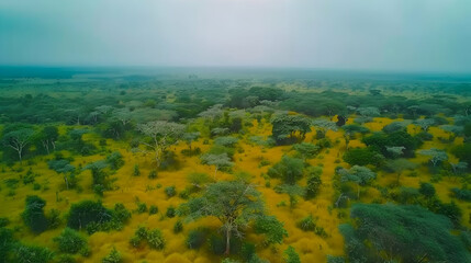 Aerial shot showcasing a breathtaking view golden savanna Serengeti, dotted lush green acacia trees under a hazy sky.