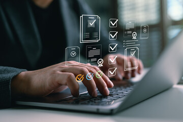 Digital checklist and task management, Person working on laptop with virtual to-do list and completed task icons. Ideal for productivity apps, workflow systems, project tracking, task planning tools.