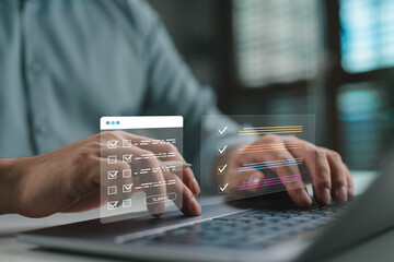 Online survey and evaluation form, Person completing digital checklist and assessment form on laptop. Ideal for quizzes, feedback collection, HR evaluations, online exams, customer satisfaction tools.