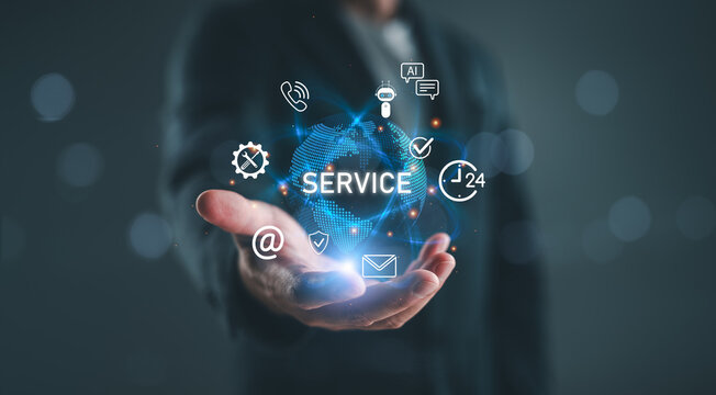 Customer service and support solution, Businessman offering digital support with global communication icons. Contact us page, online helpdesk, 24/7 service, Ai chatbot, email, Ai assistance.