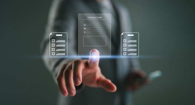 Digital feedback form interface, Businessman interacting with virtual online form. Perfect for customer feedback, survey UI, contact forms, digital onboarding, user experience in web applications.