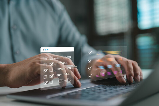 Online survey and evaluation form, Person completing digital checklist and assessment form on laptop. Ideal for quizzes, feedback collection, HR evaluations, online exams, customer satisfaction tools.