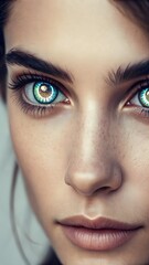 Fototapeta premium Intimate close‑up showcasing eyes with holographic lenses, illuminated by soft lighting—a sleek fusion of beauty and AR tech for futuristic imagery.