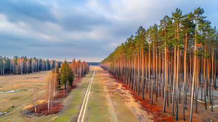 Fototapeta premium Aerial view a dirt road cutting through a serene autumnal pine forest, bathed warm sunlight.