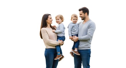 Fototapeta premium A family portrait of a mother and father holding their two young children