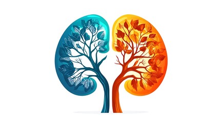 Kidney health concept with fresh green leaves, glowing kidney illustration, vibrant colors, healthy lifestyle representation, high-resolution, medical design, white background, mod