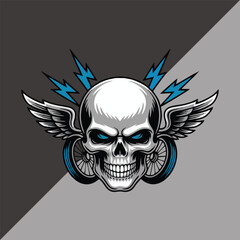 Clean vector logo of a stylized skull head with lightning bolts and winged wheels, flat design, modern motorcycle club aesthetic