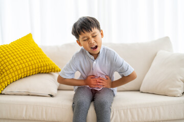 Portrait of sick unhappy little child asian boy touching belly stomach with suffering from stomach...