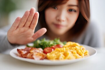 Woman refusing a plate of breakfast.
