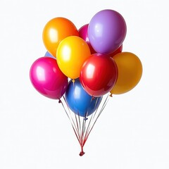 Cluster of colorful helium balloons including purple, orange, yellow, red, pink, and blue floating against a white background, evoking celebration and joy