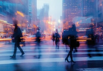 blurred pedestrians crossing a busy city street at dusk with glowing lights from buildings and vehicles creating a dynamic, bustling urban atmosphere