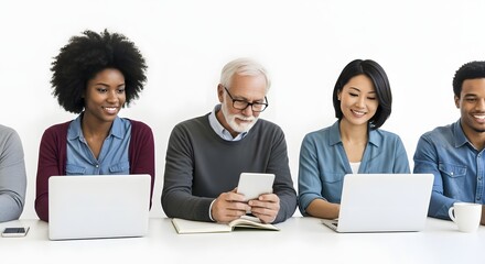 Diverse group of people working together at a table with laptops and tablets