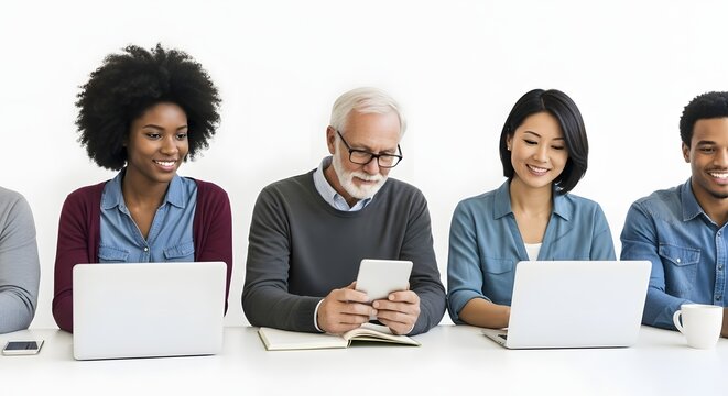 Diverse group of people working together at a table with laptops and tablets