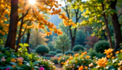 a serene forest path, lined with a vibrant array of autumn foliage. the sun is filtering through the canopy, casting dappled light onto the ground