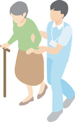 アイソメトリック　介護　福祉　医療　人物　男性　女性　看護師　介護福祉士　シニア　高齢者　イラスト