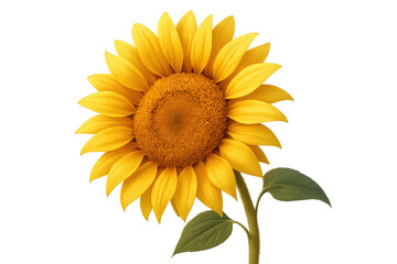 Obraz premium Sunflower blossom revealing bright yellow petals, verdant leaves, strong stem against clean transparent backdrop