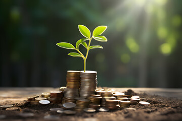 Growing plant on stacked coins in a sunny, green environment symbolizes financial growth and investment in nature