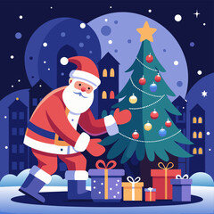 santa-in-pajamas-putting-presents-under-a-small-tree
