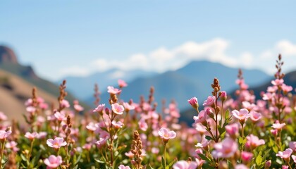 a vibrant field of wildflowers with purple petals in full bloom, set against a backdrop of majestic mountains