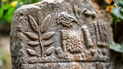 Obraz premium Ancient Stone Carving with Intricate Floral and Plant Motifs