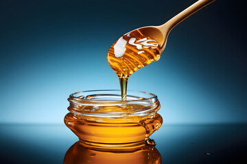 Dripping honey from a wooden spoon above a glass jar with reflections and a blue background