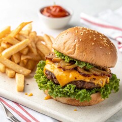 Delicious Cheeseburger with Crispy French Fries on a Plate – Fresh Hot Fast Food Meal with Steam