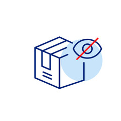 Vector icon of delivery box with crossed-out eye, symbolizing hidden shipment, private delivery, or invisible tracking. Ideal for logistics apps, e-commerce platforms, and privacy settings
