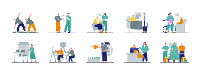 Nursing home illustration set. Senior housing, long term care, healthcare services. Flat vector illustration concept.
