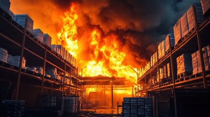 Obraz premium Massive Warehouse Fire with Intense Flames and Heavy Smoke
