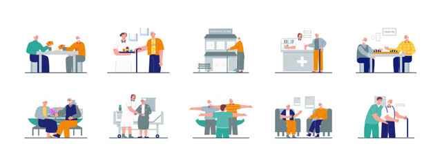 Nursing home illustration set. Senior housing, long term care, healthcare services. Flat vector illustration concept.