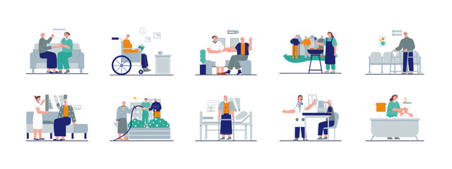 Nursing home illustration set. Senior housing, long term care, healthcare services. Flat vector illustration concept.