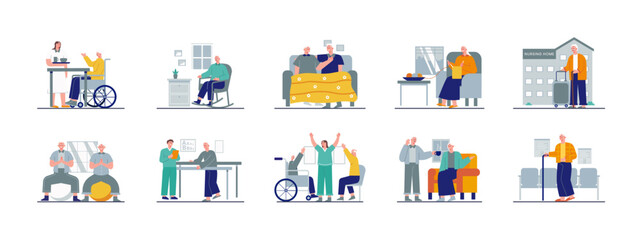 Nursing home illustration set. Senior housing, long term care, healthcare services. Flat vector illustration concept.