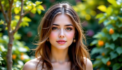 Fototapeta premium a woman with long hair is captured in profile, her face hidden behind a peach emoji filter, positioned against a backdrop of blooming orange trees. she stands near the center right of the image
