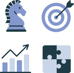 Business intelligence icons. Calendar stats, business dashboard, meeting table, upward graph performance  