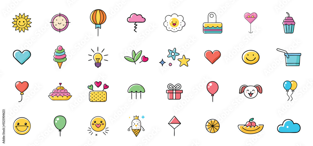 Poster a cheerful and colorful collection of vector icons depicting various positive and happy elements