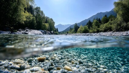 Serene Flowing River with Pebbles A Scenic Natural Landscape Clear Waters Tranquil Environment Eye Level Perspective