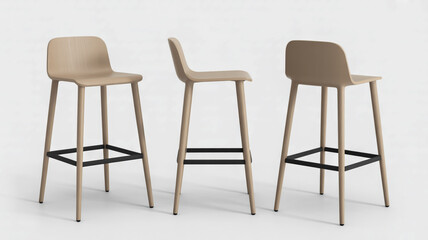 A product photography of three modern bar stools in light beige color arranged in a row against a pure white background.
