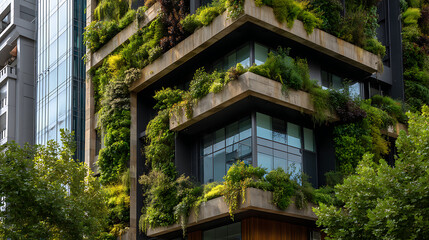 Modern building adorned with lush greenery.