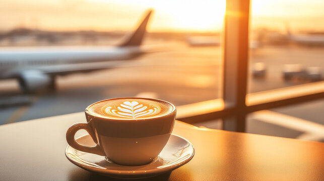 Morning coffee with latte art at airport lounge. Golden hour view outside window.