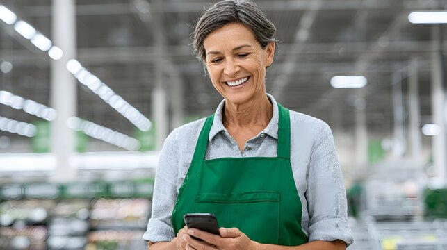 Woman in apron smiles using smartphone in a store aisle setting.