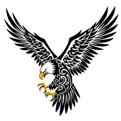 Fototapeta premium Illustration of a bald eagle with wings spread wide in black and white with yellow beak and talons