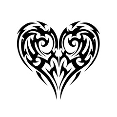 Fototapeta premium Heart shaped tribal tattoo design with intricate swirls and sharp edges in black ink on white background
