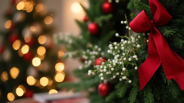 Festive Holiday Wreath with Red Ribbon and White bundle of mistletoe . Against Warm Bokeh Lights